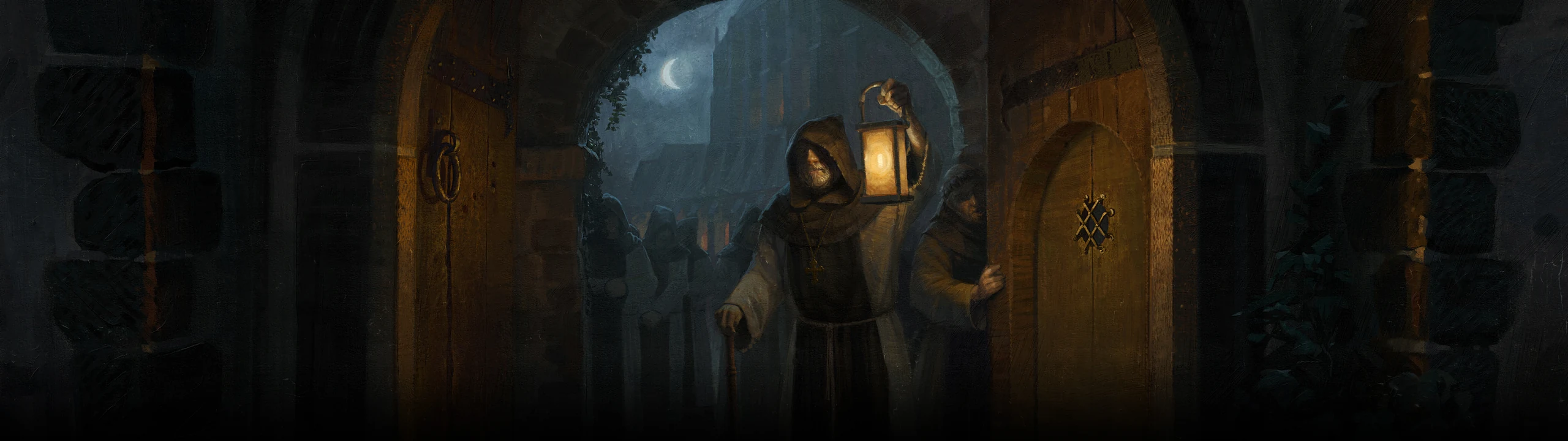 A hooded figure with a lantern at an arched doorway at night