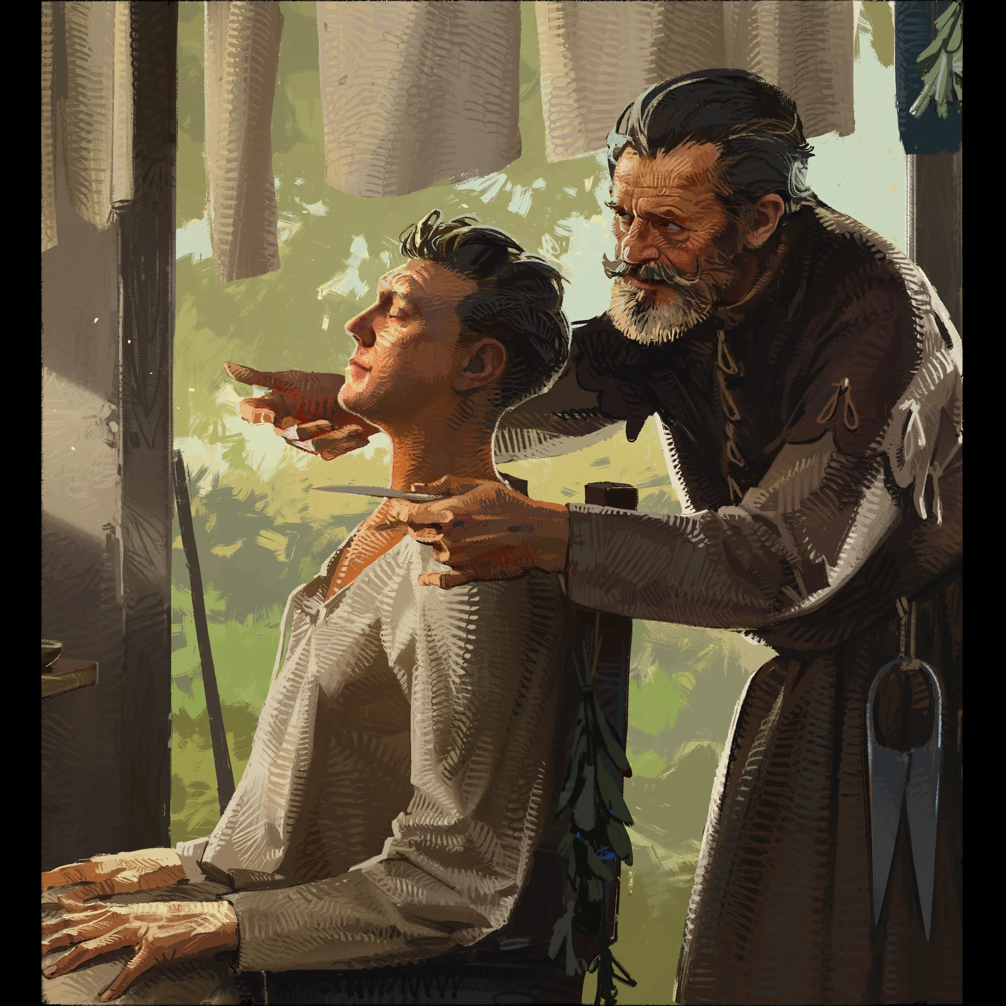 A barber shaving a young man in a sunlit room