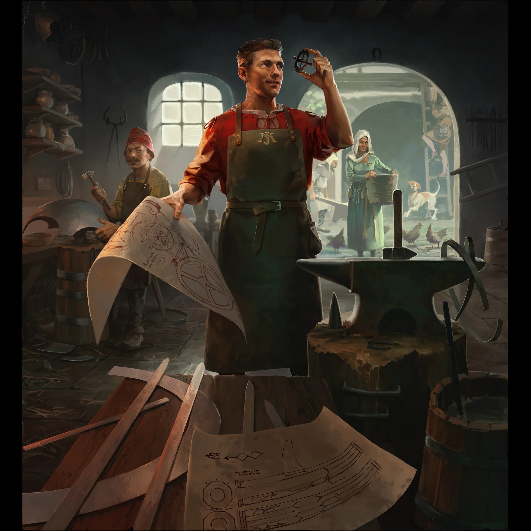 A blacksmith in a forge holding up a plan and a chisel