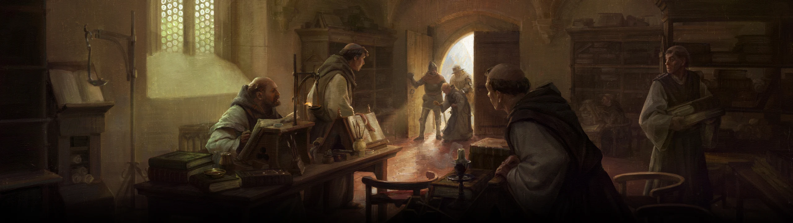 Monks reading in a sunlit scriptorium while men burst in at the door
