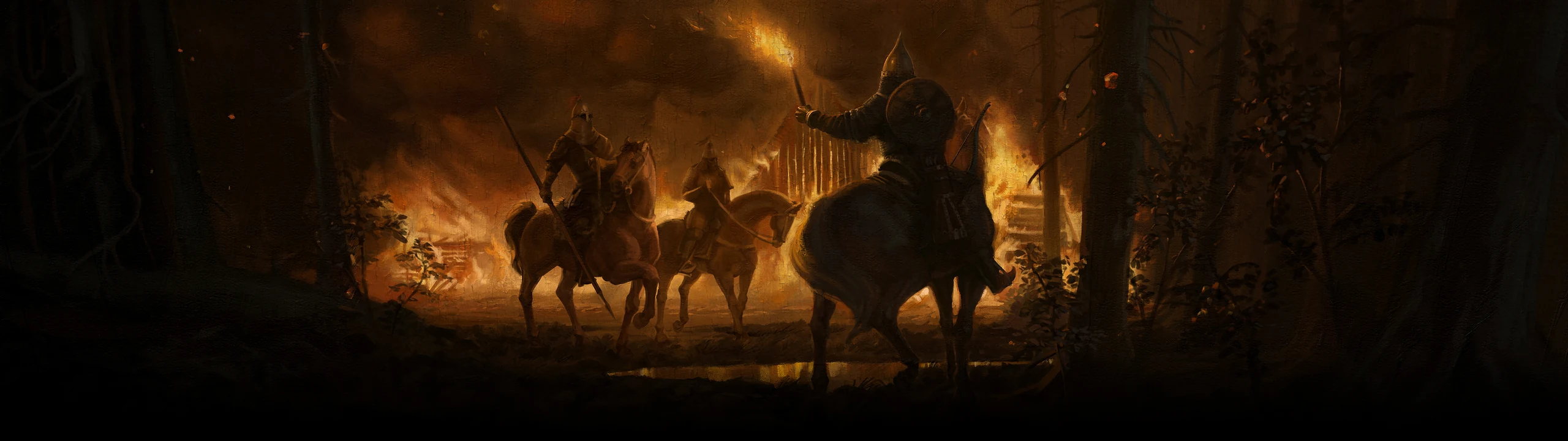 Mounted raiders in front of a burning settlement at night
