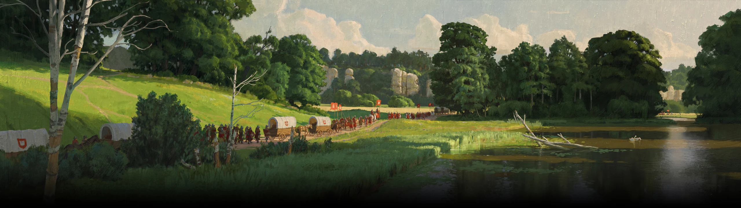 A wagon train and marchers crossing a sunlit meadow beside a river